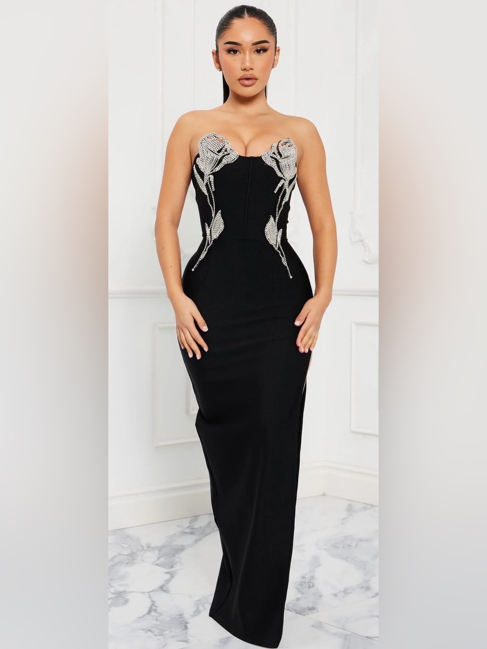 Elegant Black Evening Gown with Crystal Appliqué